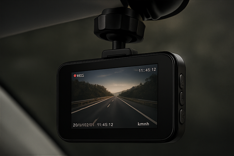 Car dash cam mounted on windshield recording road in 1080p HD